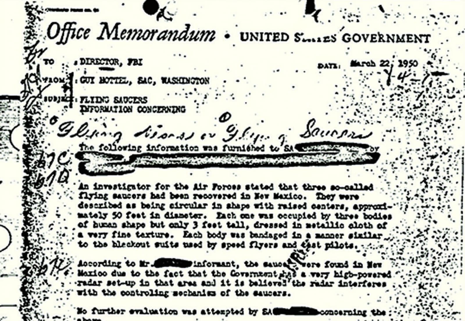 Hottel FBI Memo (Roswell, 1950)