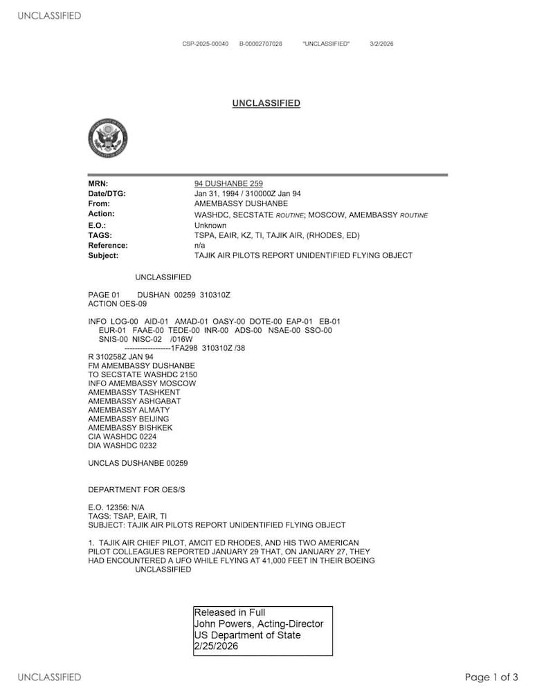 State Department UAP Cable 2, Kazakhstan, January 31, 1994