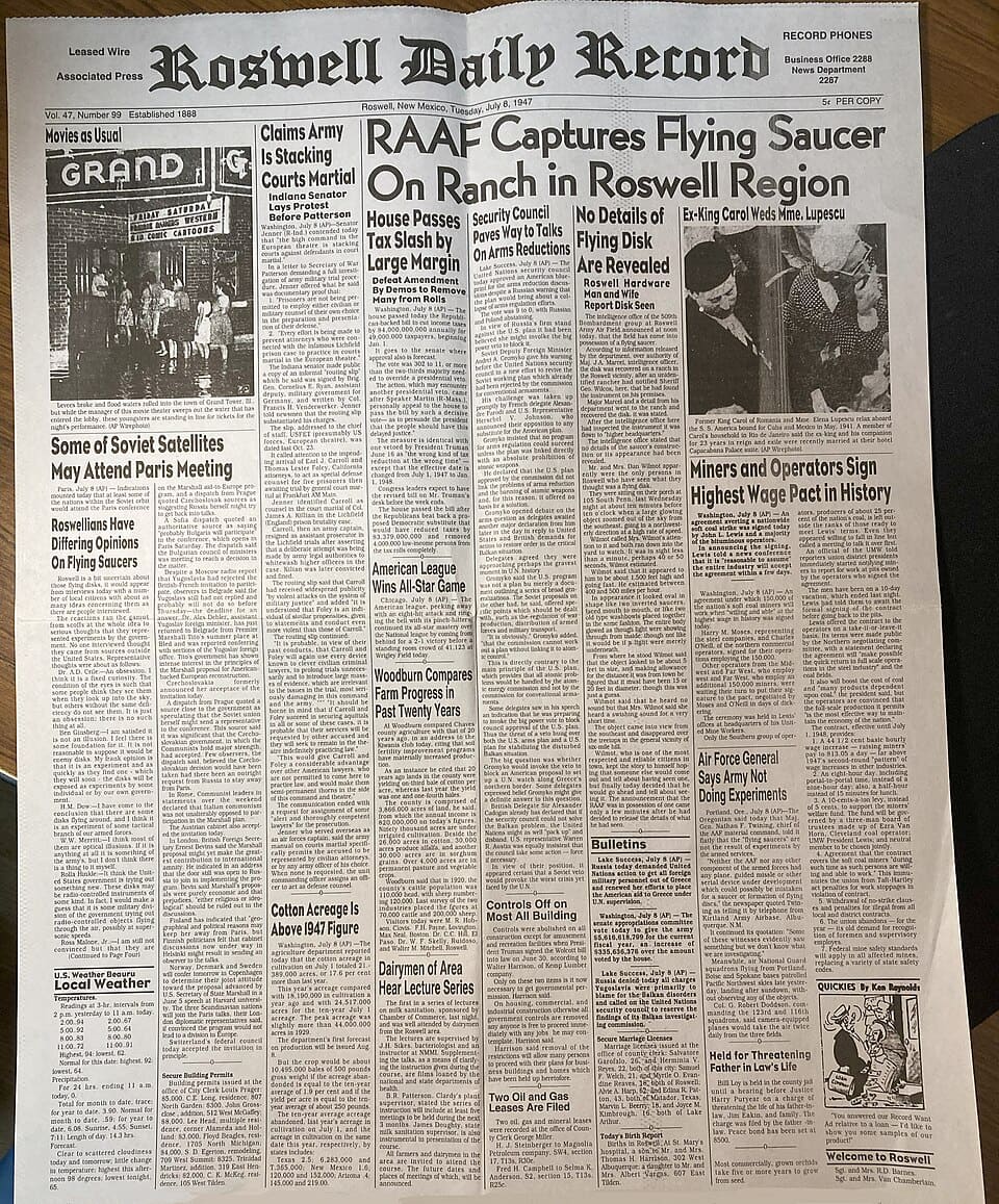 Roswell Daily Record — RAAF Captures Flying Saucer